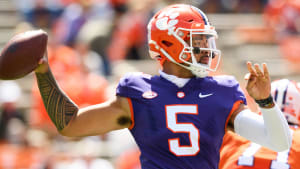 Clemson QB D.J. Uiagalelei throws during the Tigers' spring game